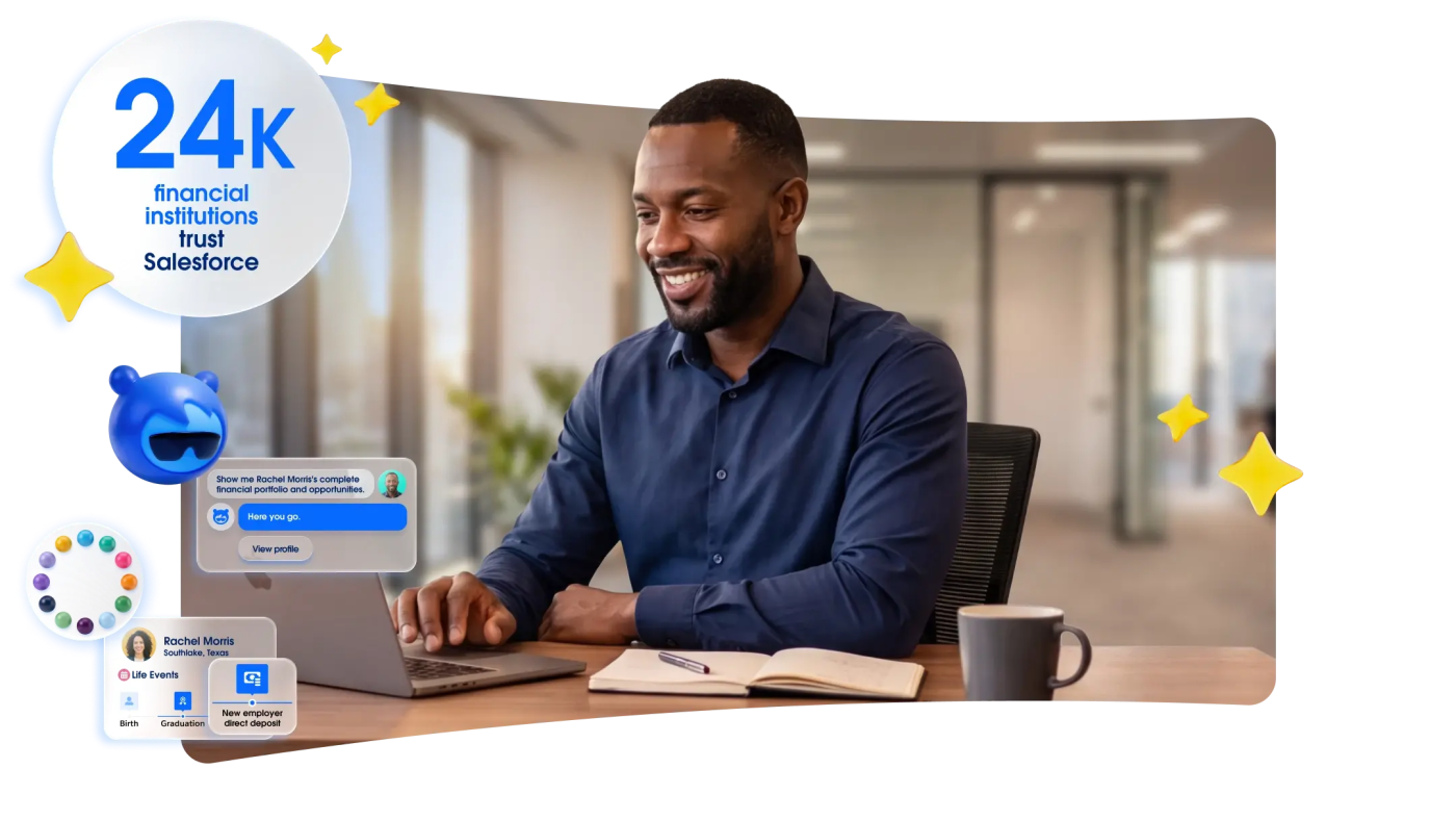 Salesforce financial services illustration featuring a professional at a laptop with connected customer tools